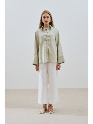 Yeşil Keten Geniş Manşetli Gömlek