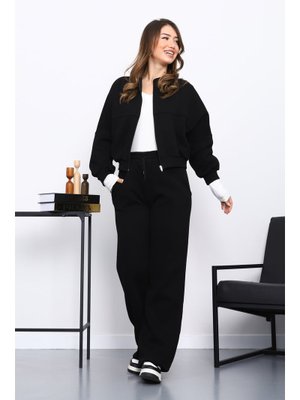 Siyah Üç İplik Sweat Hırka Pantolonlu Takım