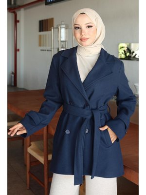 İndigo Düğme Detaylı Kaşe Kaban