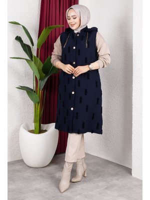 Lacivert Tüy Detaylı Kapitone Yelek