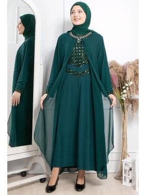 Taş İşleme Detaylı Payetli Elbise Zümrüt
