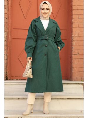Kemerli Zümrüt Yeşili Kaşe Kaban 61241zy