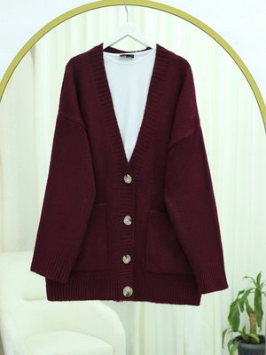 Bordo Düğmeli Çift Cepli Salaş Triko Hırka