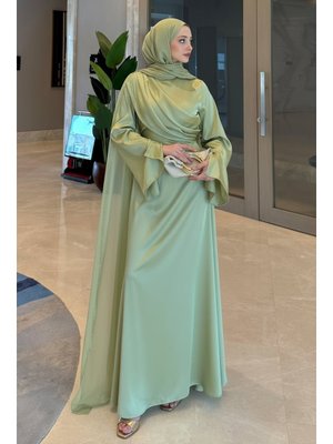 Mint Yeşili Pelerinli Saten Abiye Elbise