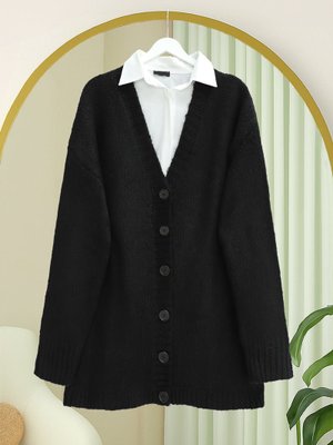 Siyah Önü Düğmeli Örme Triko Hırka