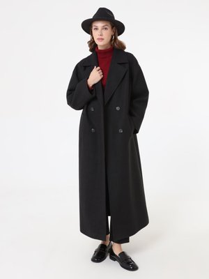 Siyah Kruvaze Kapama Detaylı Düşük Omuzlu Uzun Basic Kaban