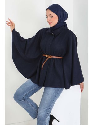 Lacivert Lacıvert Tek Düğmeli Kemerli Kaşe Panço