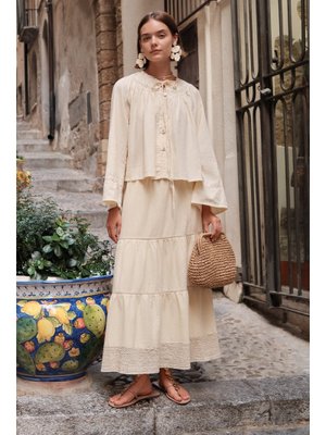 Sarı Dokulu İşlemeli Katlı Uzun Etek