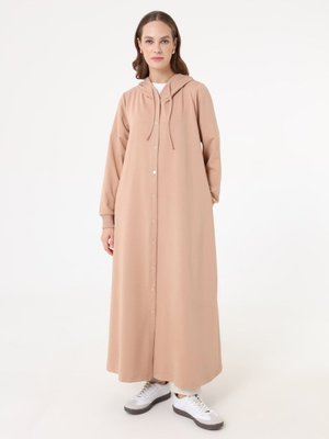 Krem Kapüşon Detaylı Çıtçıtlı Spor Kap / Pardesü Koyu