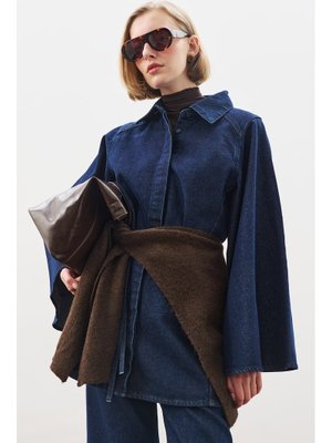 Geniş Pelerin Kollu Denim Gömlek İndigo