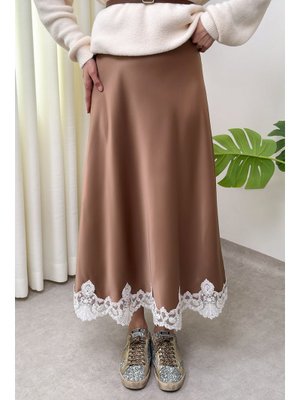 Camel Dantel Detaylı Saten Etek