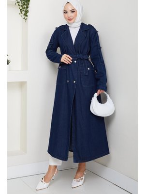 Cepli Kuşaklı Denim Lacivert Trençkot