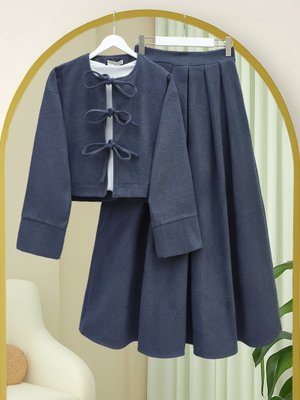 İndigo Önü Bağcıklı Etekli Kaşe Takım