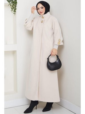 Krem Gold Düğmeli Tam Boy Kaban