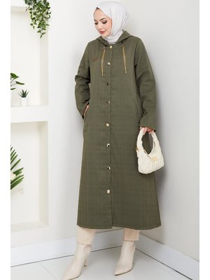 Haki Zincir Detay Düğmeli Kapitone Kap