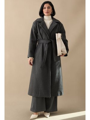 Astarlı Gizli Patlı Kuşaklı Antrasit Kaşe Kaban