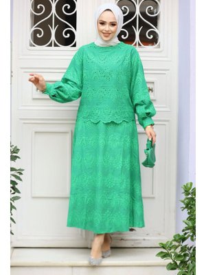 Güpürlü Zümrüt Yeşili Etekli İkili Takım 14181zy