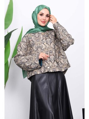 Yeşil Etnik Desenli Kısa Ceket