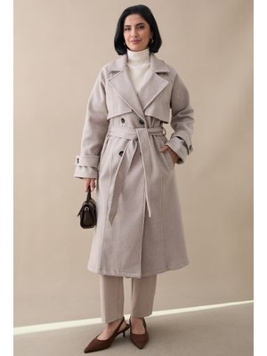 Kapaklı Kuşaklı Astarsız Bej Kaşe Kaban