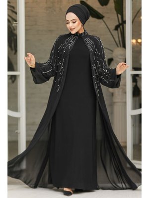 Boncuk İşlemeli Siyah Abaya Takım 25903s