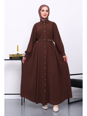 Kahverengi Bel Kemerli Elbise