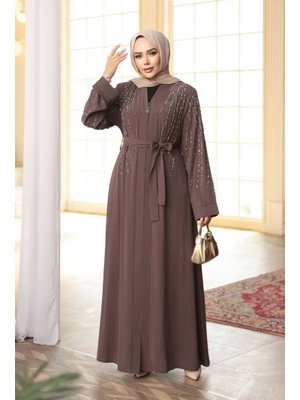 Boncuk İşlemeli Açık Kahverengi Abaya 29111akh