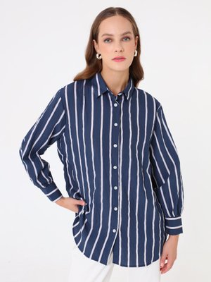 Çizgili Klasik Bluz / Gömlek Lacivert Cizgili