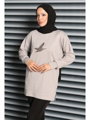 Grı Gri Kuş Taşlı İşlemeli Modal Tunik