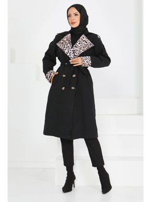 Sıyah Siyah Düğmeli Leopar Detaylı Miranda Trençkot