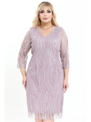 Büyük Beden 3747b Lila Kısa Abiye Elbise