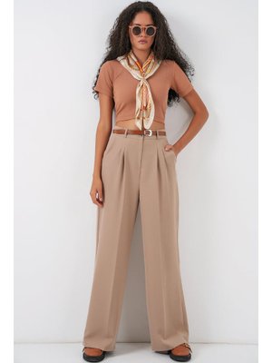 Bej Yüksek Bel Palazzo Pantolon