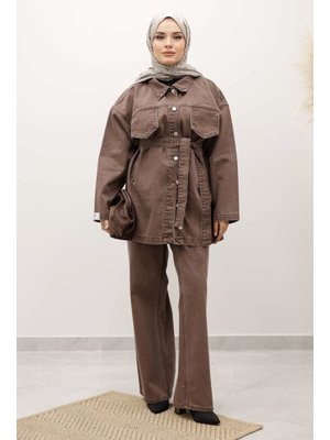 Sütlü Kahve Kemerli Denim Takım