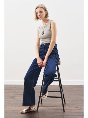 İndigo Dikiş Detaylı Geniş Denim Pantolon
