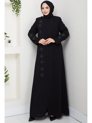 Siyah Deri İşlemeli Ferace