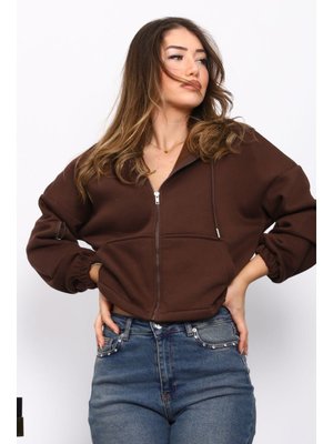 Kahverengi Sağ Kol Fermuarlı Cepli Üç İplik Sweat Hırka