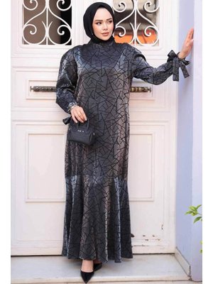 Desenli Antrasit Saten Elbise 4457ant