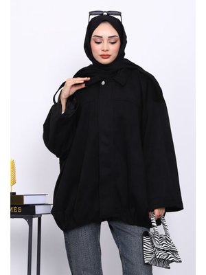 Siyah Eteği Pileli Oversize Süet Ceket