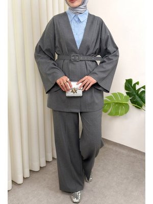 Gri Kemerli Kimono Takım