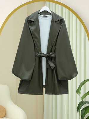 Haki Balon Kol Kemerli Deri Ceket