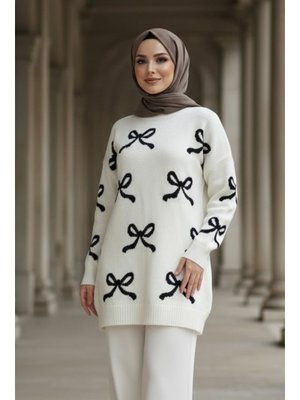Kurdele Desenli Krem Triko Kazak Tunik 8754kr