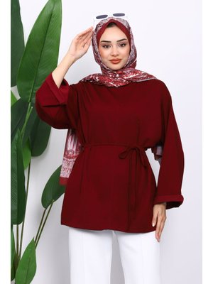 Bordo Yanları Yırtmaçlı Bel İpli Tunik