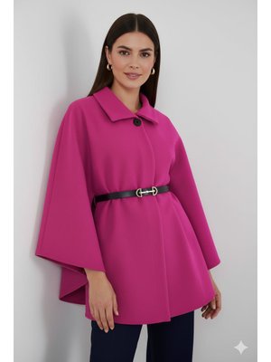 Fuşya Kemerli Kaşe Panço