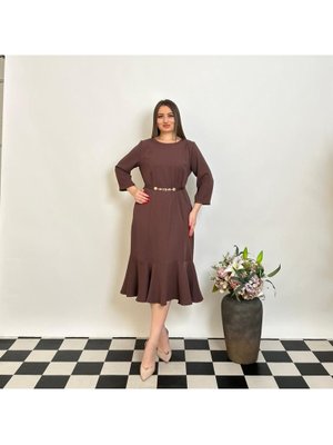 Büyük Beden Alt Etek Kısmı Balık Detaylı Kemerli Elbise Kahve