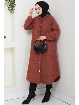 Kiremit Çizgi Detay Kapüşonlu Kaşe Kap