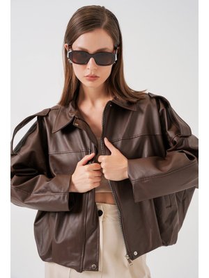 Kahverengi Oversize Deri Ceket