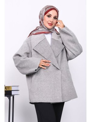 Gri Çift Cepli Düğmeli Kaşe Kaban