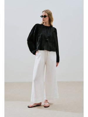 Siyah Keten Crush Efektli Bluz