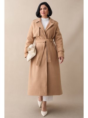 Tek Kapaklı Cepli Kuşaklı Camel Kaşe Kaban