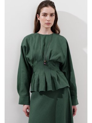 Petrol Keten Kruvaze Bağlamalı Bluz