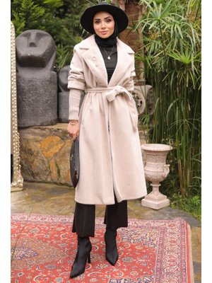 Bej Kolları Örgü Detaylı Angora Kaban